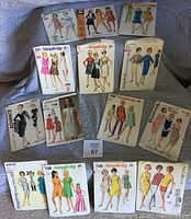 Photo showing 13 vintage sewing patterns from mid to late 1960s including Simplicity, McCall's, Butterick, Advance, and Jiffy featuring dresses, skirts, suits, and coats.