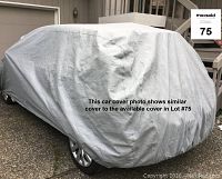 Grey car cover fully covering a small SUV, shown installed over a vehicle to demonstrate fit.