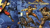 Close-up view of the pirate character design on blue fabric from the bedding set.
