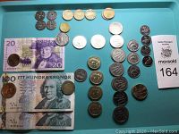Photo showing two Swedish banknotes (20 kronor and two 100 kronor) and an assortment of coins of various sizes and designs placed on a blue tray.