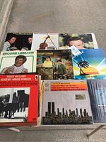 31 vinyl records spread on a table outdoors, prominently showing album covers of Liberace, Roger Williams, and other artists.