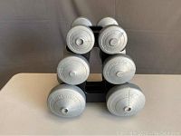 Top view of all six dumbbells arranged on the black plastic stand. Dumbbells are silver-gray and labeled with weights.