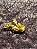 Close-up photo of a natural gold nugget placed on a dark textured background showing its metallic yellow color and rough irregular surface.
