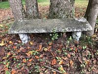 Concrete garden bench placed outdoors with visible moss and leaves around. The bench top is a plain concrete slab.