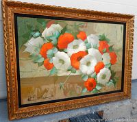 Front angled view of framed painting showing floral palette knife style artwork and signature.