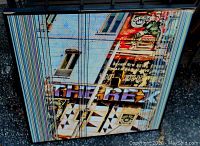 Front view of entire painting showing graphic hotel facade and color stripe pattern