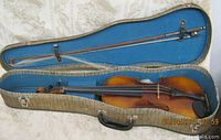 Open case showing violin and bow laid side by side