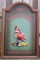 Front view of the full Ladies Night Martini Lounge sign with frame, showing the design, text, and colors.