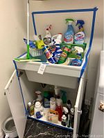 Photo of household cleaning products on and below a utility sink, including spray bottles, cleaning liquid bottles, and canned wipes.