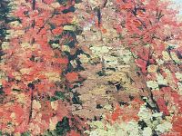 Close-up of thickly applied impasto paint showing vibrant fall foliage colors covering the painting surface.