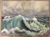 Full view of the original oil on canvas seascape painting illustrating large wave and cloudy sky.