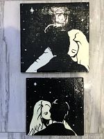Top and bottom square paintings showing silhouettes of a couple under starlight, high gloss finish on wood panels.