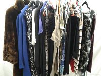 Collection view showing 24 ladies fashion tops and bottoms in various colors including black, beige, and patterned designs alongside brown fur coat and blue wool coat