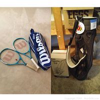 Two blue Wilson tennis racquets with worn grips and Wilson tennis racquet bag on carpeted floor.