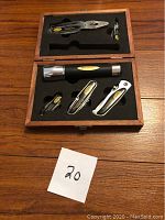 Full set of Sheffield pocket tool set inside wooden box with fitted foam.