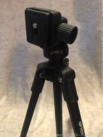 Close-up photo of the tripod head and quick release plate showing adjustment knobs and mounting screw.