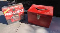 Photo of both the red metal toolbox and the boxed Porta-Chest small parts organizer