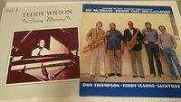 Photo showing both vinyl album covers side by side, Teddy Wilson Vol. 3 Sunny Morning and Sackville All Stars album with five musicians on cover.