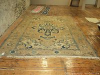Entire rug laid flat on wooden floor showing overall faded tan field and blue medallion design