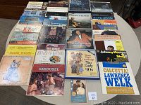 Top view of arranged vinyl albums laid out on surface, showing many album cover titles and artwork.