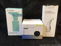Photo showing the boxed Speensun touchless foaming soap dispenser, a boxed automatic soap dispenser, and the Wiqi compact CPAP cleaner box.