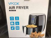 Box front displaying Vpcok Air Fryer AF102 model, features 0-30 min timer, temperature 80-200 °C, easy hot air circulation cooking.