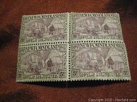 Front view of block of four 5 cent Newfoundland stamps from 1947, Scott #270 showing Cabot in the Matthew off Cape Bonavista