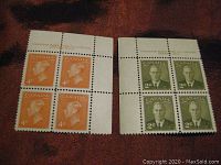 Two blocks of stamps shown with King George VI profile and portrait in orange (4-cent) and green (2-cent).