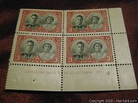 Block of four 1939 Canadian stamps featuring King George VI and Queen Elizabeth with margin showing Canadian Bank Note Co. Ottawa imprint.