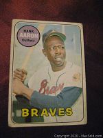 Front of vintage 1969 O Pee Chee baseball card showing Hank Aaron with Braves uniform and bat.