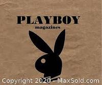 Playboy magazine cover with black Playboy bunny logo and text on tan background