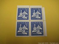Top view front of block of four blue Canadian Christmas stamps Scott #444 featuring Gifts of the Wise Men.