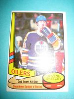 Front of 1980-81 O-Pee-Chee Wayne Gretzky hockey card showing image and text details