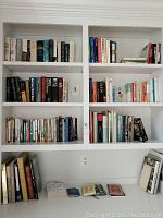 Photo showing built-in shelves with assorted fiction and non-fiction books in hardcover and softcover.