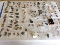 Wide view of many small ziplock bags containing different pairs of earrings and jewelry pieces arranged on white fabric.