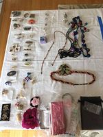 Full display of assorted costume jewelry including pins laid out in rows, various necklaces and brooches, with some items still in plastic bags.