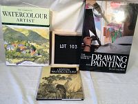 Three large art coffee table books including 'The Complete Watercolour Artist,' 'The Complete Book of Drawing and Painting,' and 'The Art of Chinese Watercolours'.