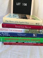 Stack of 6 hardcover books showing titles including 'The History of the English House', 'Venetian Villas', 'A Companion to the British Countryside', 'Lost Cities', 'European Garden Design', and 'Great American Cities Past and Present'.