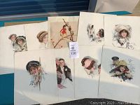 Overview showing nine assorted vintage Cosmopolitan prints with illustrations of women and children in early 20th century style clothing.