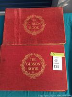 Overhead shot of both red cloth volumes stacked, showing gilt title wreaths and overall cover condition.