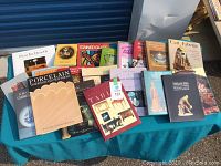 Assorted books laid out on a table, titles visible focusing on porcelain, stained glass, and decorative arts