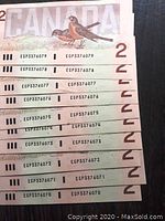 Back view of ten Canadian two dollar bills fanned out displaying the robins and detailed serial numbers on left and right sides with matching consecutive numbers.