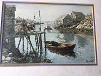 Full view of framed print showing coastal scene with boats and buildings at Peggys Cove, Nova Scotia; signed Kierstead at lower right.