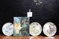Front view of three fairy-themed decorative plates with floral designs and a hardcover book 'The Story of the Tooth Fairy' between them.