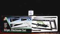 Photo showing the full 33 piece hacksaw set in original packaging with label visible.