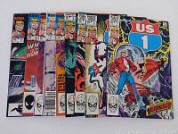 Front view of 11 US 1 comic books from 1983 featuring Jefferson Archer and Son, arranged side by side showing colorful illustrated covers and Marvel logos.