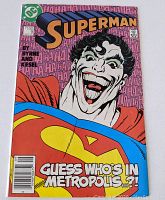 Front cover of the Superman comic book with Joker face on Superman, Canadian variant edition.
