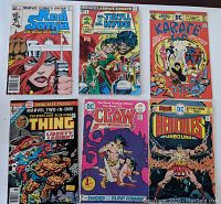 Photo showing all six vintage comic books in the lot, each cover visible including Karate Kid, Marvel Two-in-One Presents The Thing, Hercules Unbound, Claw The Unconquered, Red Sonja, and Dr. Jekyll and Mr. Hyde.