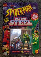 Front of original blister pack showing Spider-Man and Vulture action figures in packaging with colorful Spider-Man graphics and Web of Steel branding.