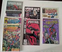 Photo showing front covers of nine various Spider-Man comics including The Amazing Spider-Man with Punisher, Friendly Neighborhood Spider-Man, Spider-Man Black Cat, and Spectacular Spider-Man.
